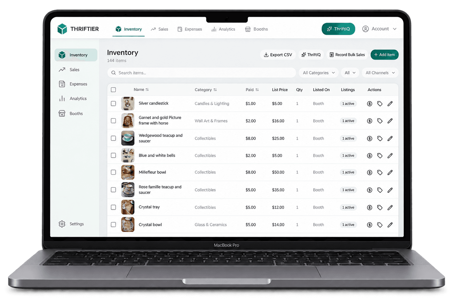 Thriftier's Inventory table showing items, categories, prices, and active listings