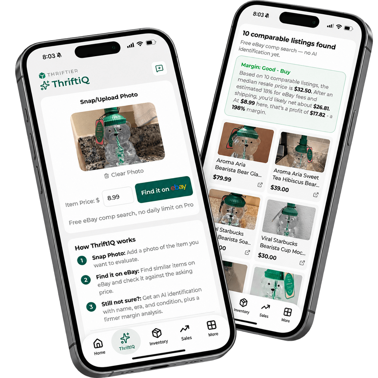 ThriftIQ photo appraisal on mobile - eBay comp search, margin verdict, and comparable listings